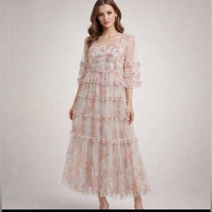 JardinVue Floral Tiered Tulle Maxi Dress XL Sheer Ruffle Cottagecore Romantic